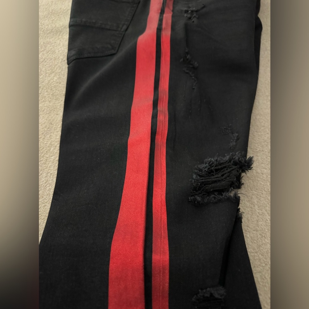 Amiri Jeans 34 Glitter Track Jeans Black With Red Stripe Men's Skinny Distressed - Picture 9 of 14